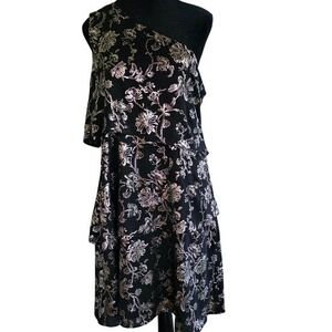 Black Gold Metallic Floral One Shoulder Tiered Cocktail Dress Wedding Party Date